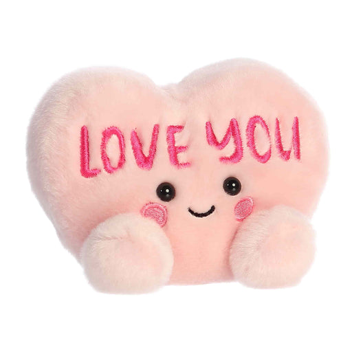 Heart-shaped plush toy with 'LOVE YOU' text on a white background