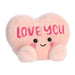 Heart-shaped plush toy with 'LOVE YOU' text on a white background