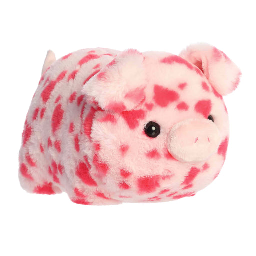 Plush toy pig with pink and white pattern on a white background