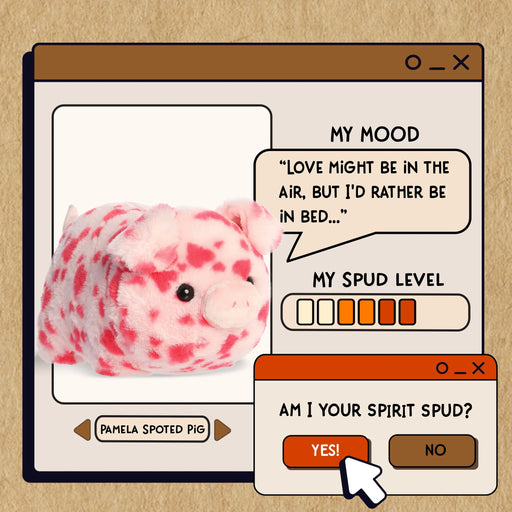 Illustration of a spotted pig plush toy with a digital interface on a beige background