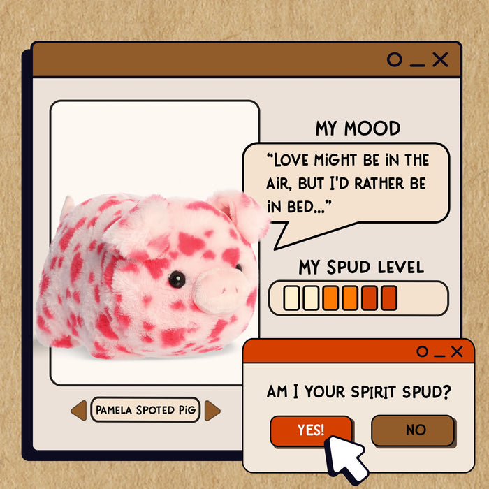 Illustration of a spotted pig plush toy with a digital interface on a beige background