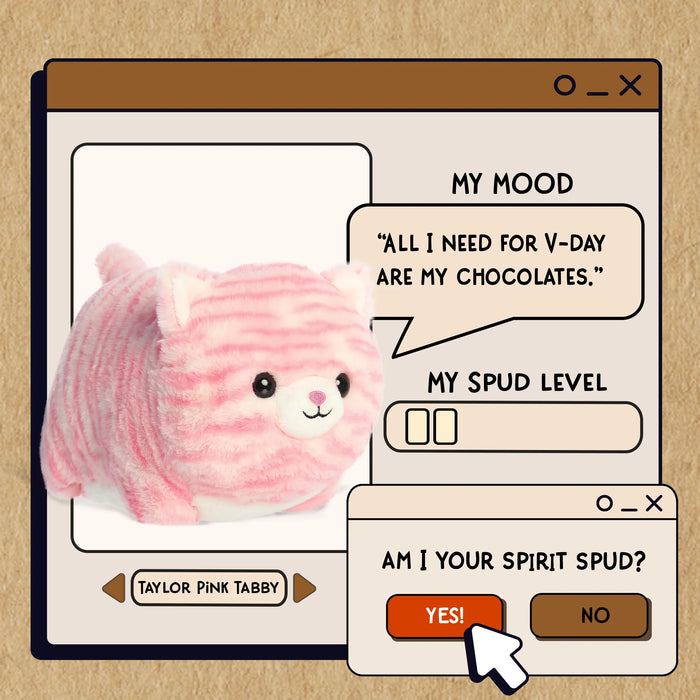Cartoon interface with a pink plush toy and text bubbles on a beige background