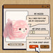 Cartoon interface with a pink plush toy and text bubbles on a beige background