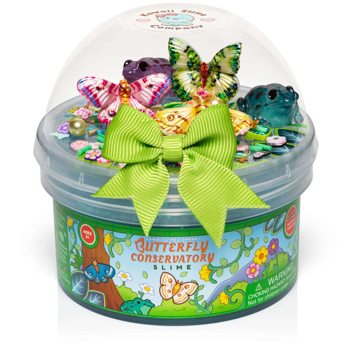 Butterfly conservatory slime set with toys and a green bow on a white background