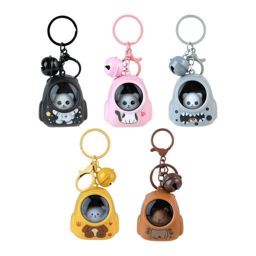 Set of five cartoon character keychains in different colors on a white background