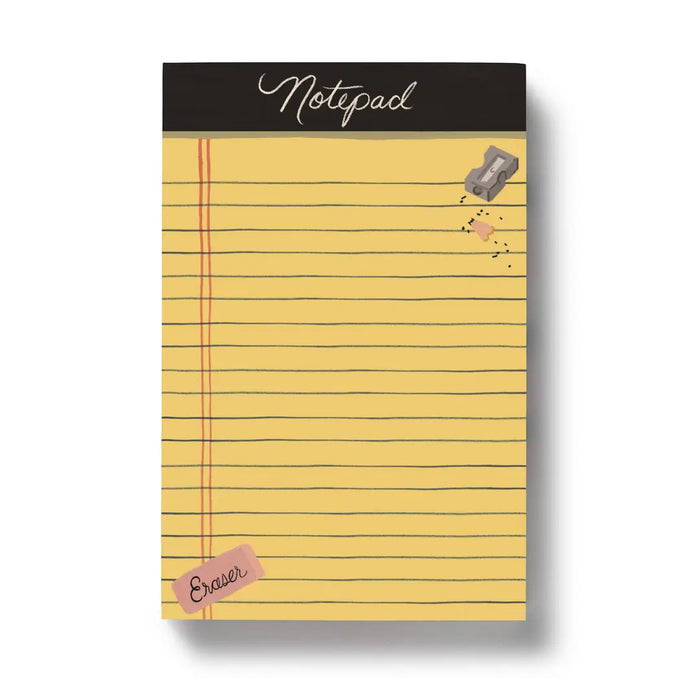 Notepad with yellow lined paper and black top, featuring a small illustration of an eraser.