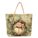 Tote bag with a Christmas design featuring a snowman, red cardinals, and winter elements on a beige background.