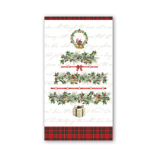 Decorative paper with Christmas-themed designs and plaid border on a white background