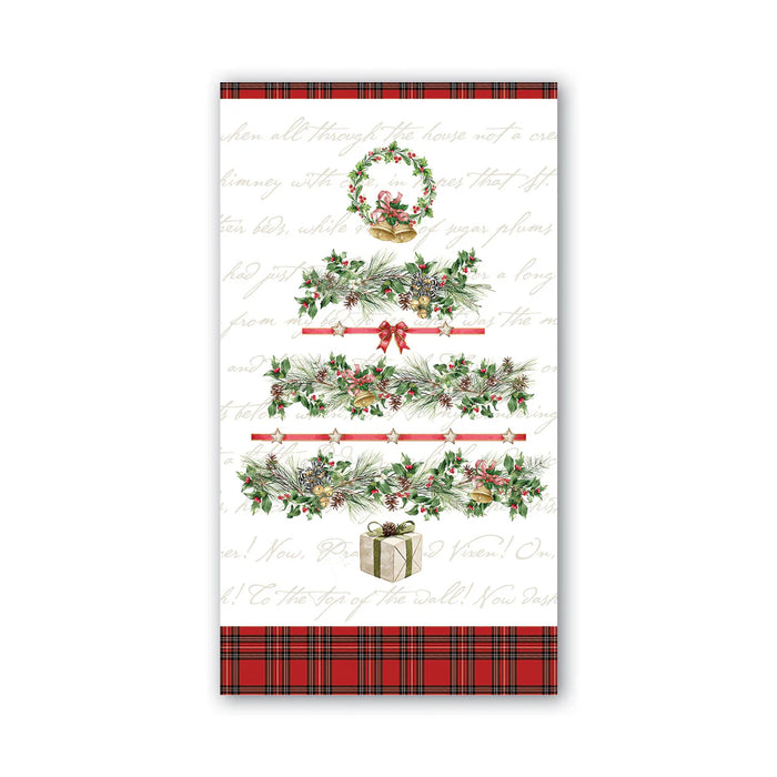 Decorative paper with Christmas-themed designs and plaid border on a white background