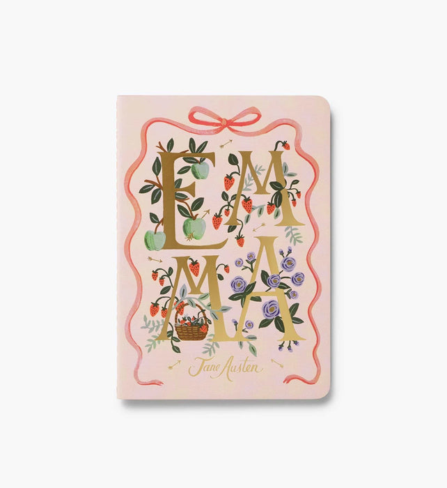 Book cover of 'Emma' by Jane Austen with decorative elements on a light pink background