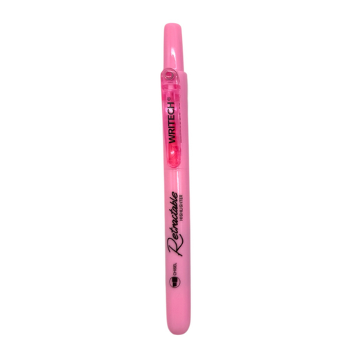 Pink highlighter pen with 'Write Tech' branding on a white background