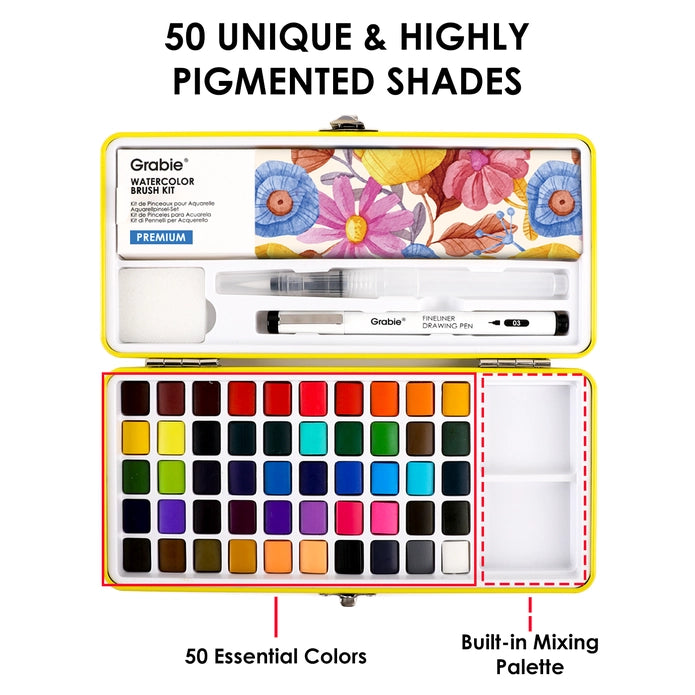 Watercolor paint set with a built-in mixing palette and 50 unique shades, featuring the brand 'Grabie'.