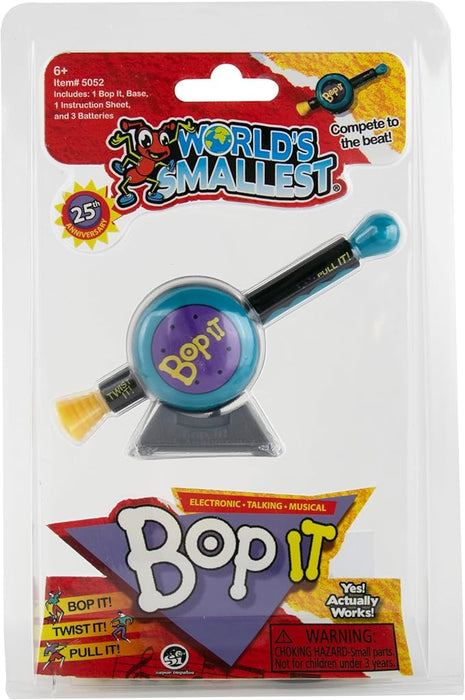 World's Smallest Bop It toy packaging with colorful design