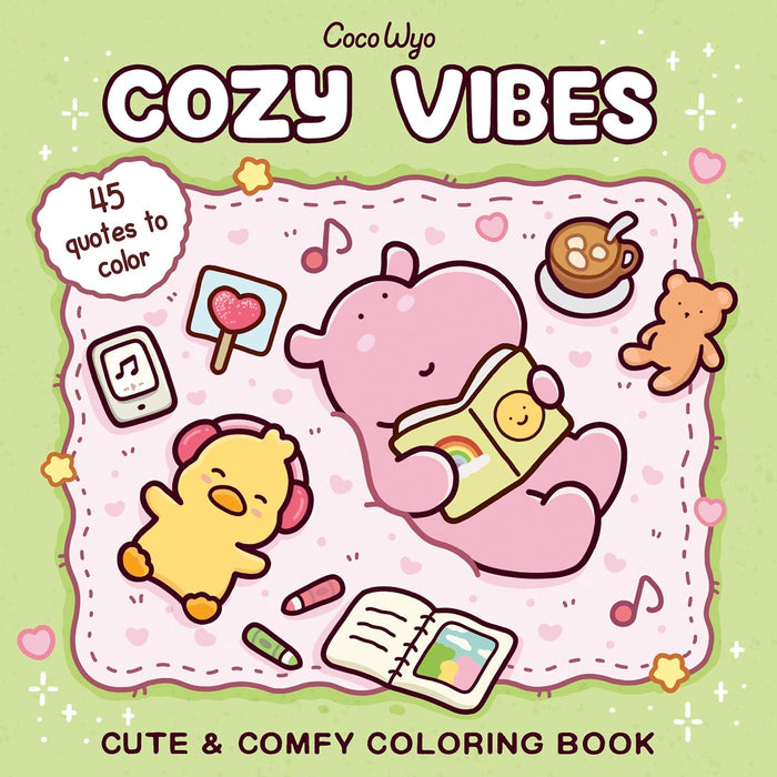 Coloring book cover with cartoon characters and 'Cozy Vibes' text on a green background