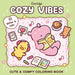 Coloring book cover with cartoon characters and 'Cozy Vibes' text on a green background