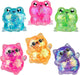 Set of colorful glowing cat and frog figurines on a white background