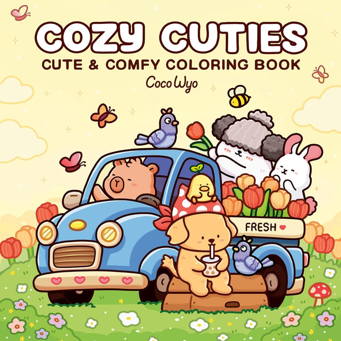 Coloring book cover with cartoon animals around a blue car on a yellow background