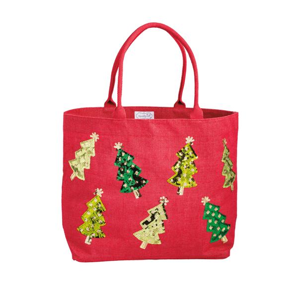 Red tote bag with Christmas tree designs on a white background