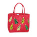Red tote bag with Christmas tree designs on a white background