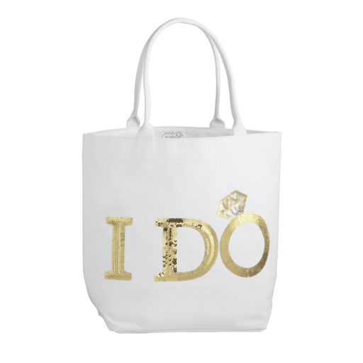 White tote bag with 'I DO' text and a ring graphic on a white background