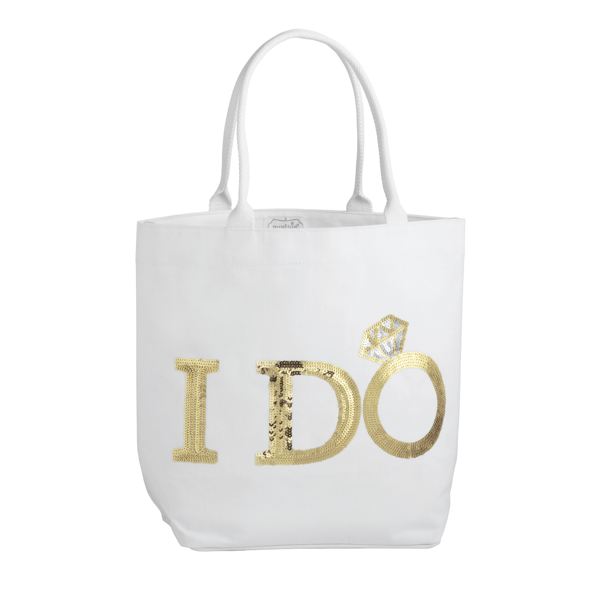 White tote bag with 'I DO' text and a ring graphic on a white background