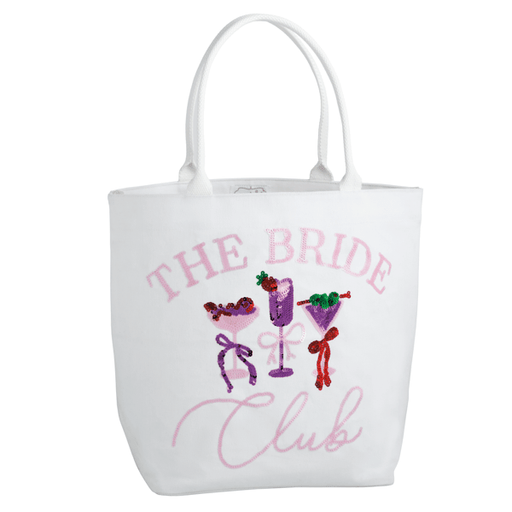 White tote bag with 'The Bride Club' text and cocktail graphics on a white background