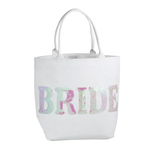 White tote bag with 'BRIDE' in colorful letters on a white background