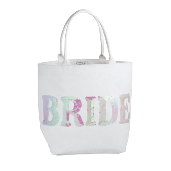 White tote bag with 'BRIDE' in colorful letters on a white background