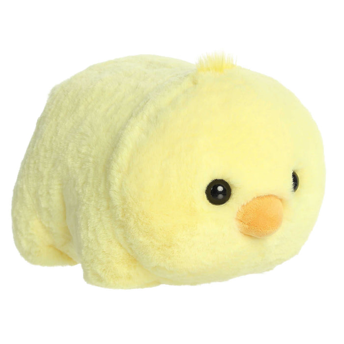 Plush toy resembling a yellow bee on a white background