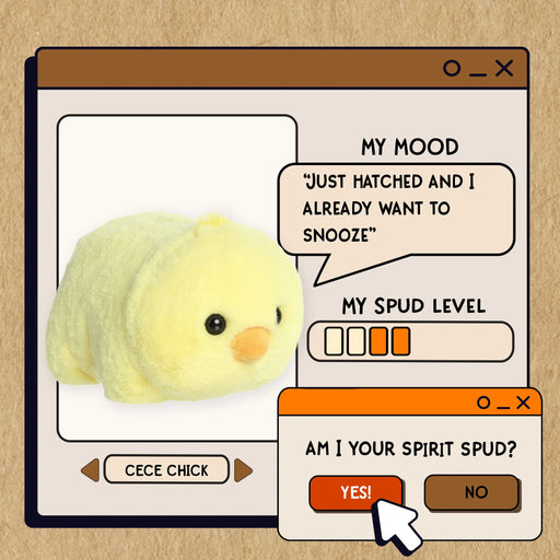 Plush toy chick with digital interface on a beige background