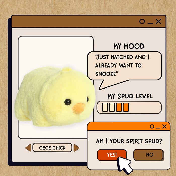 Plush toy chick with digital interface on a beige background