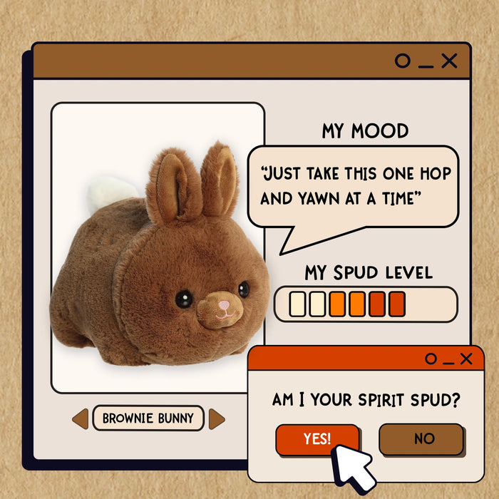 Illustration of a plush toy with a computer interface asking if it is the user's spirit spud.