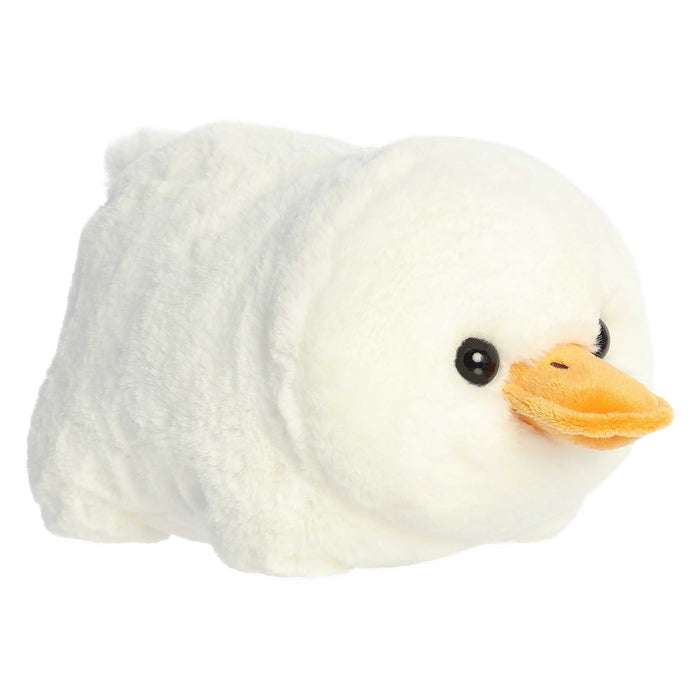 Plush duck toy with a white body and orange beak on a white background