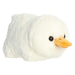 Plush duck toy with a white body and orange beak on a white background