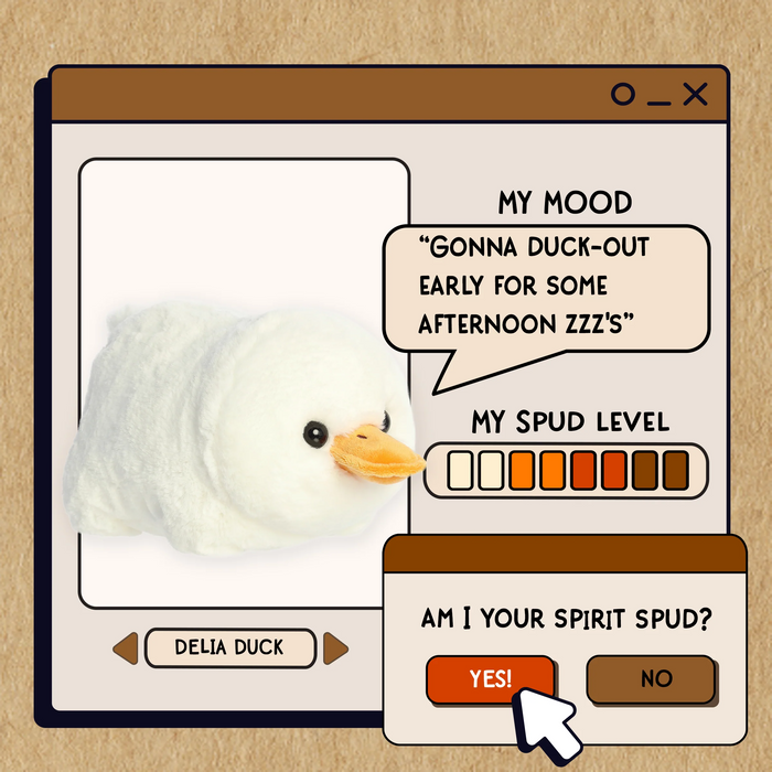 Cartoon duck character with a computer interface on a beige background