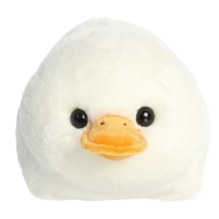 Plush duck toy with a white body and yellow beak on a white background