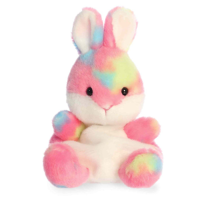 Plush toy rabbit with tie-dye pattern on a white background