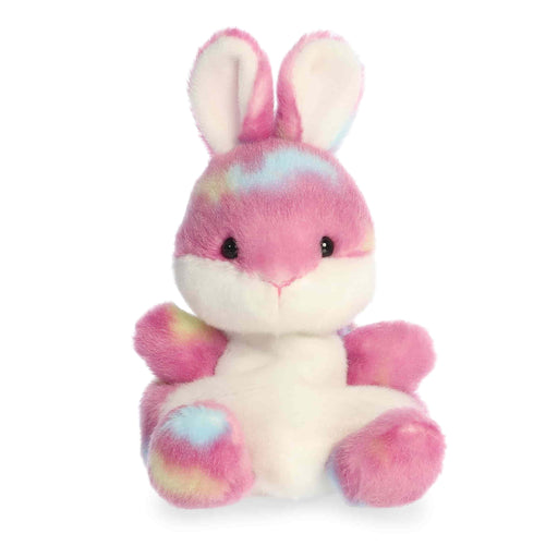 Plush toy rabbit with tie-dye pattern on a white background