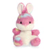 Plush toy rabbit with tie-dye pattern on a white background