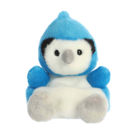 Plush toy penguin with blue hood on a white background