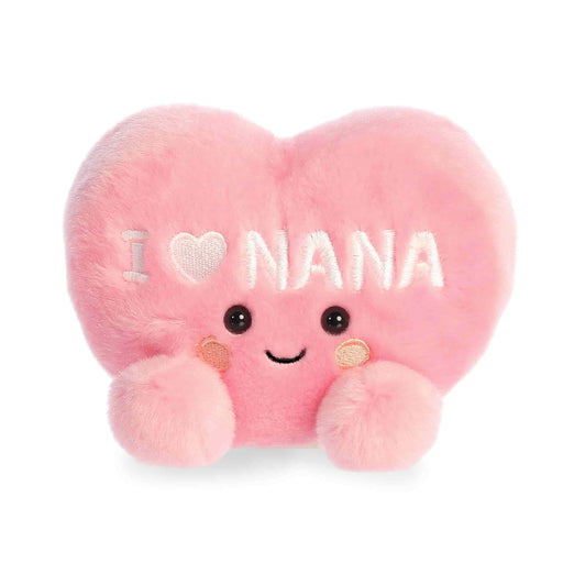 Pink heart-shaped plush toy with 'I ❤️ Nana' text on a white background