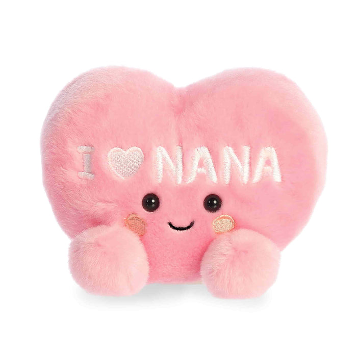 Pink heart-shaped plush toy with 'I ❤️ Nana' text on a white background
