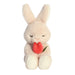 Plush rabbit toy holding a red heart on a white background