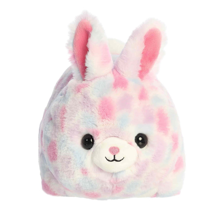 Plush toy with a tie-dye pattern on a white background