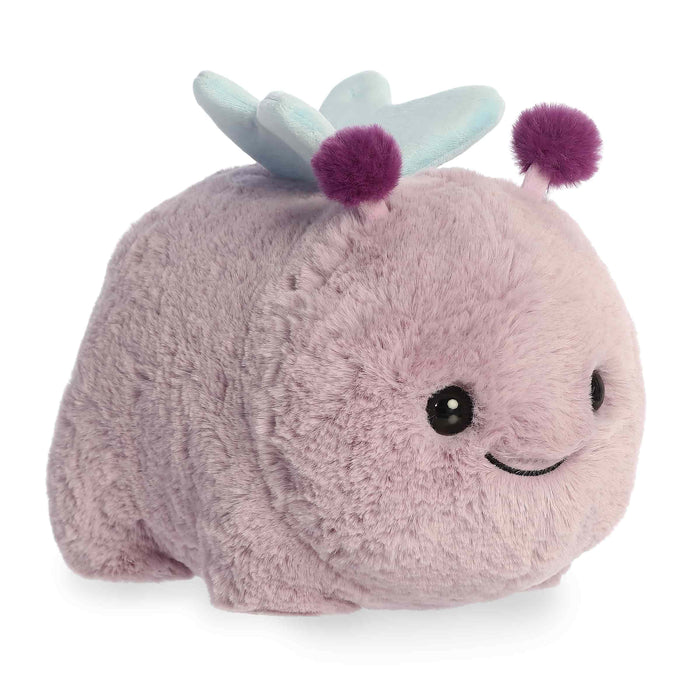 Plush toy with a purple body, pink pom-pom antlers, and butterfly wings on a white background