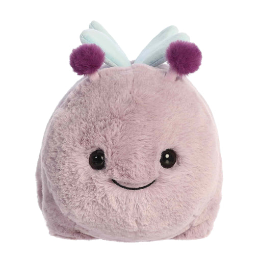 Plush toy with a smiling face, purple pom-poms, and white antlers on a white background