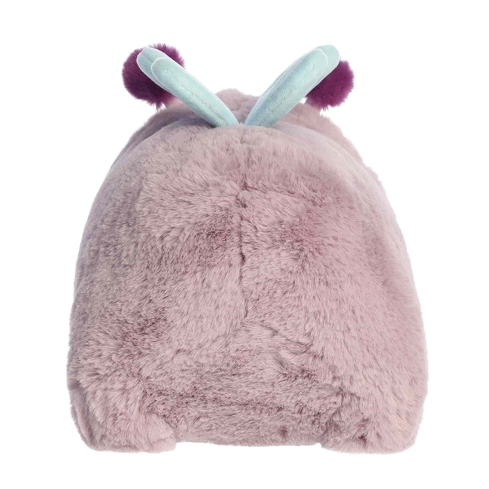 Plush toy with pink fur, purple pom-poms, and light blue antlers on a white background