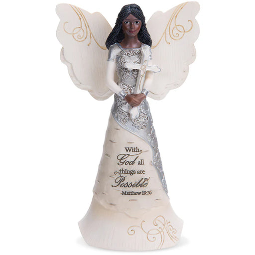 Decorative angel figurine with wings and a sword, featuring an inspirational quote on a white background.