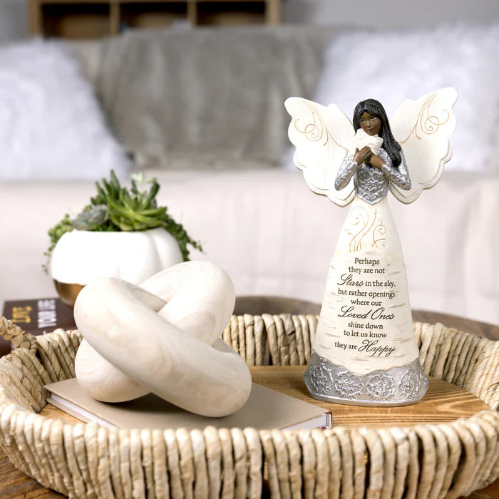 Decorative angel figurine on a table with a blurred indoor background