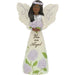 Decorative angel figurine with floral design and text on a white background